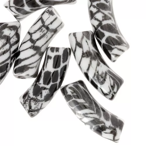 Curved tube beads 35x11 mm acrylic opaque - Snake motif - White - Black x4