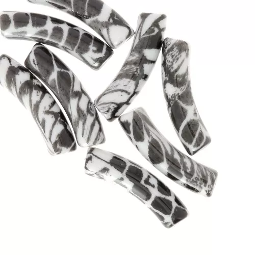 32x8 mm curved tube beads in opaque acrylic - Snake motif - White - Black x4