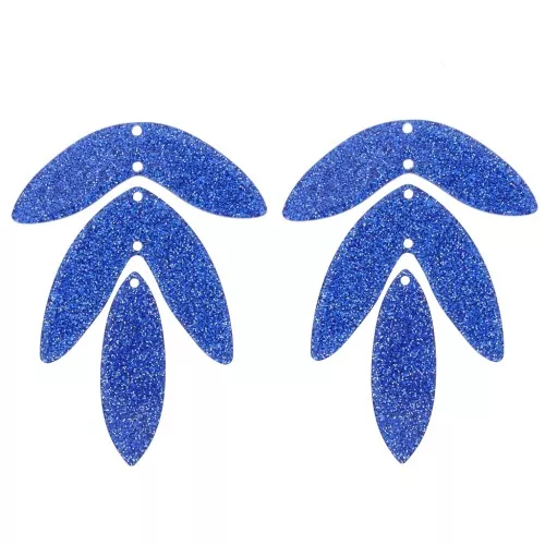 Set of 6 62x45mm acrylic leaf pendants to mount - Glitter royal blue x1