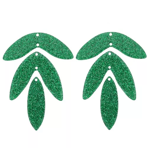 Set of 6 62x45mm acrylic leaf pendants to mount - Glitter fir green x1