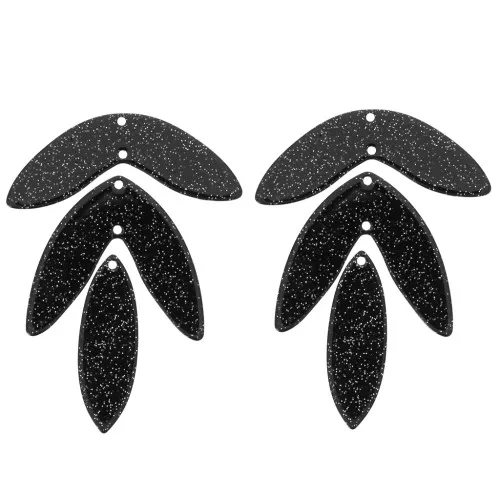Set of 6 62x45mm acrylic leaf pendants - Black glitter x1