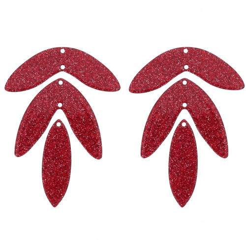 Set of 6 62x45mm acrylic leaf pendants to mount - Red glitter x1