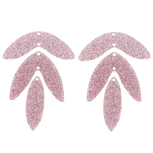 Set of 6 62x45mm acrylic leaf pendants to mount - Old rose glitter x1