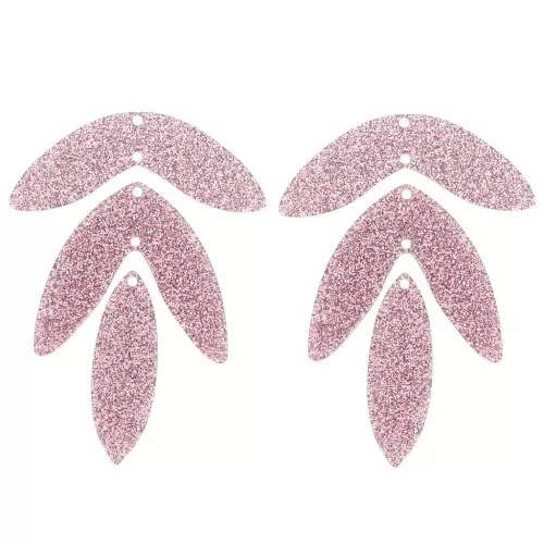 Set of 6 62x45mm acrylic leaf pendants to mount - Old rose glitter x1