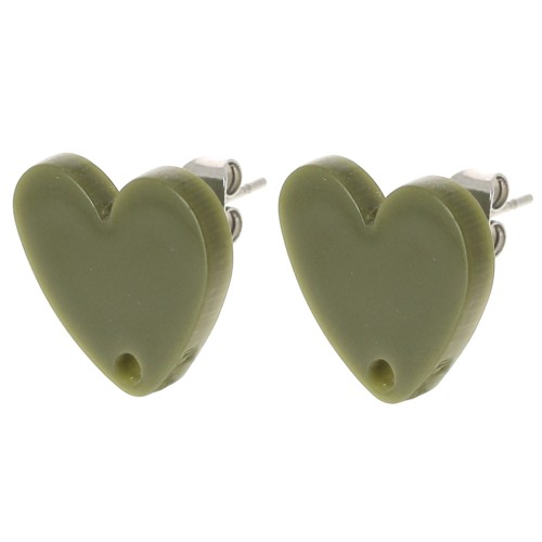 14x15.5mm Acrylic heart earstuds - Olive x2