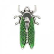 Enamelled cicada pendant 32x19 mm Green/old silver tone x1|raw }}