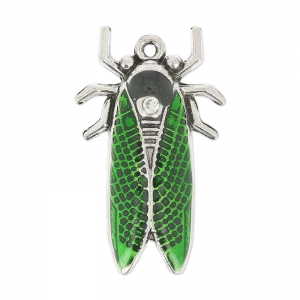 Enamelled cicada pendant 32x19 mm Green/old silver tone x1