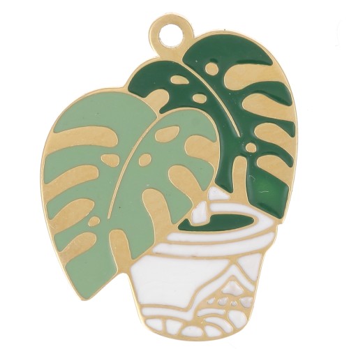 18x14mm 304L stainless steel Philodendron charm epoxy resin - Green x1