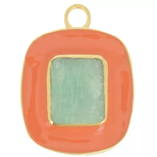23x18mm Rectangle pendant Amazonite gemstone & Fine gold plated Orange epoxy x1