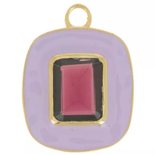 23x18mm rectangle garnet gemstone & lilac epoxy pendant - Fine gold plated x1