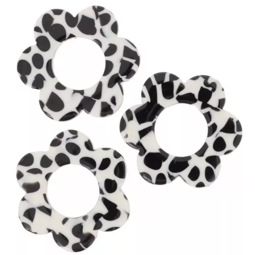18mm acetate flower pendants - Mottled Black - White x10