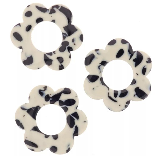 18mm acetate flower pendants - Mottled Black - Cream x10