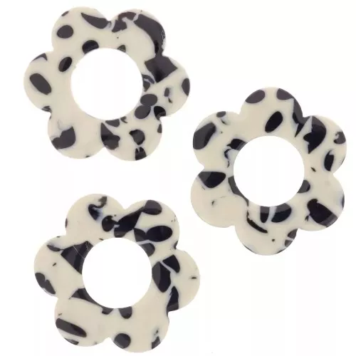 18mm acetate flower pendants - Mottled Black - Cream x10