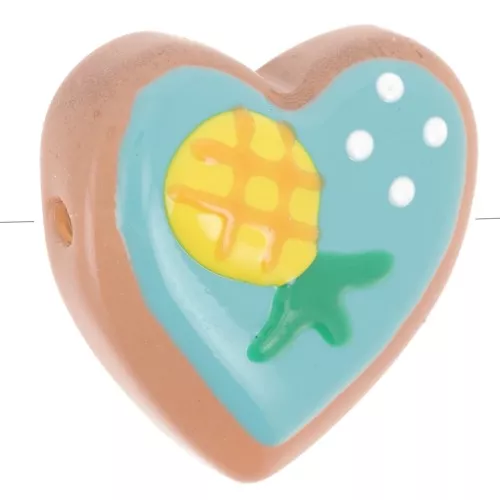 24mm Glass heart bead - Pineapple pattern - Turquoise - Yellow x1