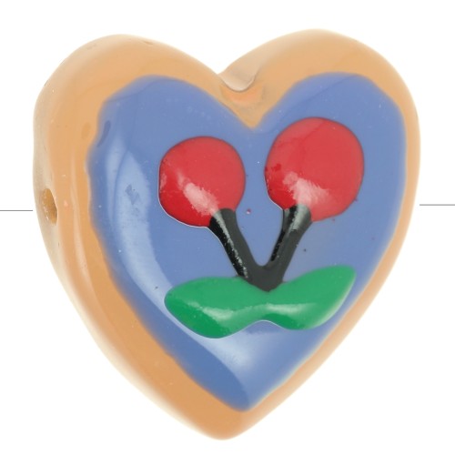 24mm Glass heart bead - Cherry pattern - Blue - Red x1