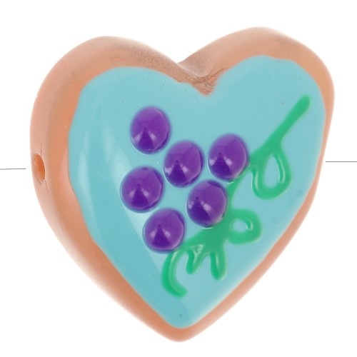 24mm Glass heart bead - Grape pattern - Turquoise - Violet x1