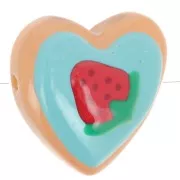 24mm Glass heart bead - Strawberry pattern - Turquoise - Red x1