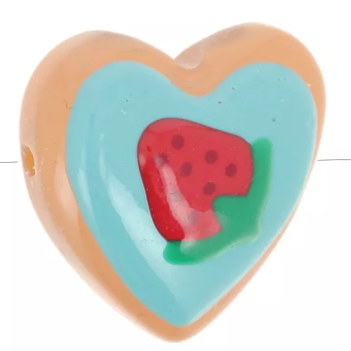 24mm Glass heart bead - Strawberry pattern - Turquoise - Red x1