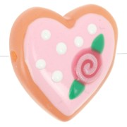 24mm Glass heart bead - Flower pattern - Pink - White x1|raw }}