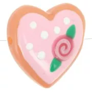 24mm Glass heart bead - Flower pattern - Pink - White x1