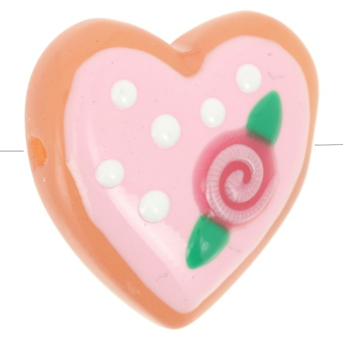 24mm Glass heart bead - Flower pattern - Pink - White x1