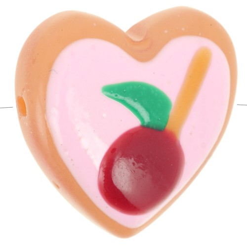 24mm Glass heart bead - Apple pattern - Pink - Red x1