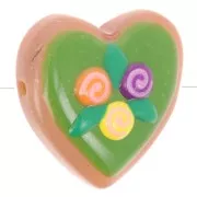 24mm Glass heart bead - Flower pattern - Green - Purple - Yellow x1