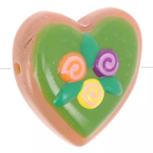 24mm Glass heart bead - Flower pattern - Green - Purple - Yellow x1