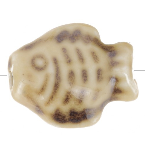 14x19mm Ceramic fish bead - Marbled Beige - Brown x1