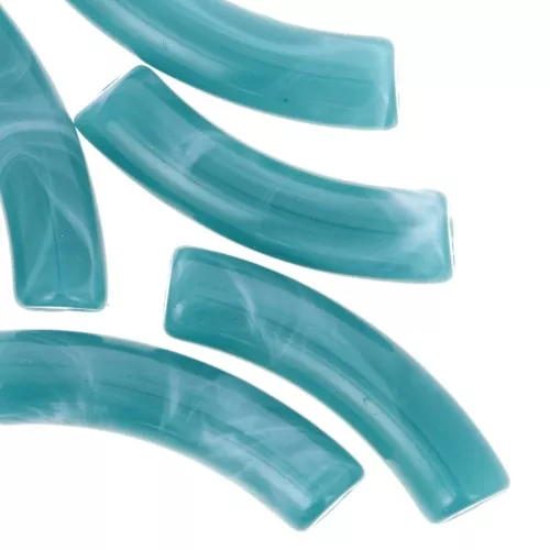 32x8 mm curved tube beads in opaque acrylic - Duck blue marbled x6