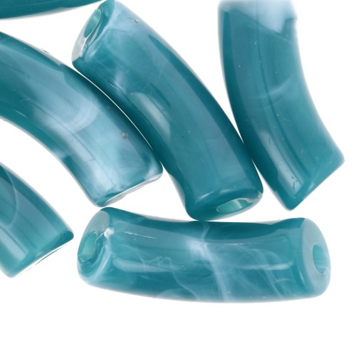 Curved tube beads 35x11mm in opaque acrylic - Duck blue marbled x6