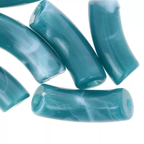 Curved tube beads 35x11mm in opaque acrylic - Duck blue marbled x6