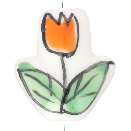 16x14.5mm Ceramic Tulip flower bead - White - Orange - Green x1