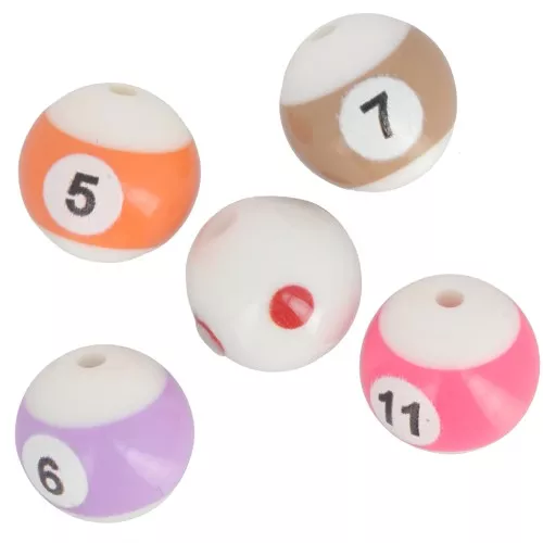 16mm round beads - Acrylic billiard balls - White - Multicolor x6