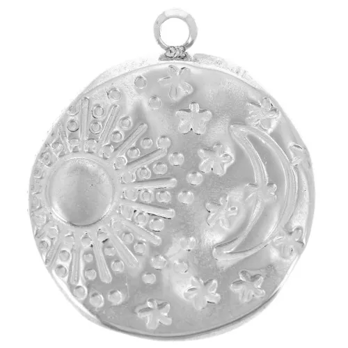 Round hammered pendant 16 mm - moon & sun pattern - 304L stainless steel x1