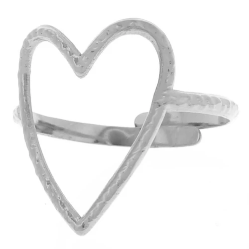 Adjustable openwork hammered heart ring 19x15 mm - S. 52 to 58 - 304L stainless steel x1