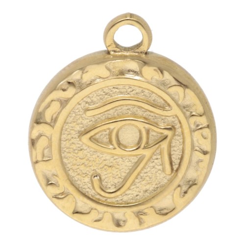 16 mm round charm - Horus eye pattern - 304L stainless steel, gold-plated x1