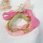 Silk ribbon 25mm Tie and Dye Lillie Olive/Pink/Framboise x85cm