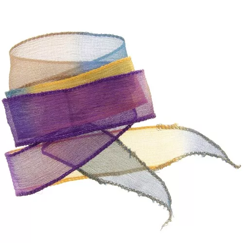 Silk ribbon 25mm Tie and Dye Vampire Purple - Yellow - Blue denim x85cm