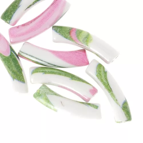 32x8 mm curved tube beads in opaque acrylic - Flower pattern - White - Pink x4