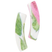32x8 mm curved tube beads in opaque acrylic - Flower pattern - White - Pink x4