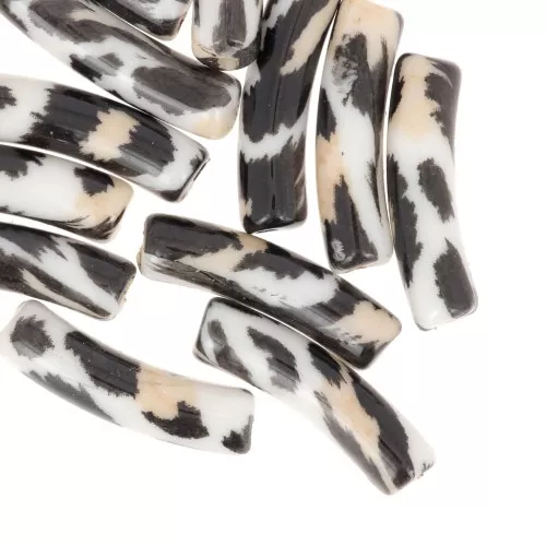 19x5 mm curved tube beads in opaque acrylic - Leopard pattern - Black - Beige x4