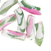 35x11mm Curved tube beads in opaque acrylic - Flower pattern - White - Pink x4