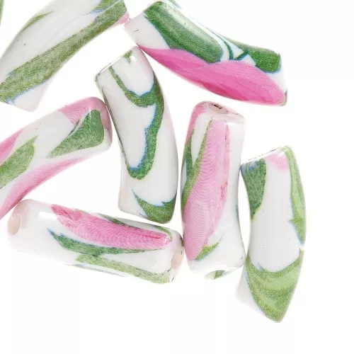 Curved tube beads 35x11 mm in opaque acrylic - Flower pattern - White - Pink x4