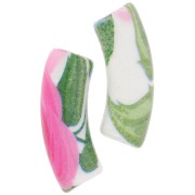 35x11mm Curved tube beads in opaque acrylic - Flower pattern - White - Pink x4