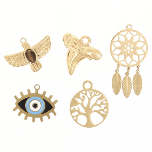 Stainless steel 304L Mix of epoxy charms Talismans by Perles&Co - Gold x5