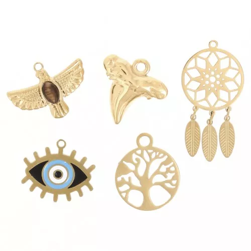 Stainless steel 304L Mix of epoxy charms Talismans by Perles&Co - Gold x5