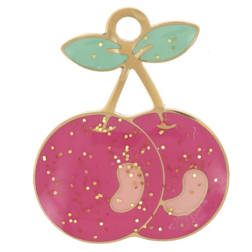 Cherry charm 18x15 mm epoxy resin - 304L gold stainless steel - Rose glitter x1