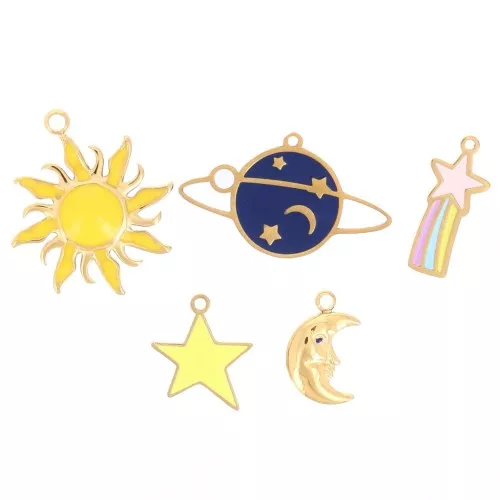 Stainless steel 304L Mix of epoxy charms Stars & planets by Perles&Co - Gold x5