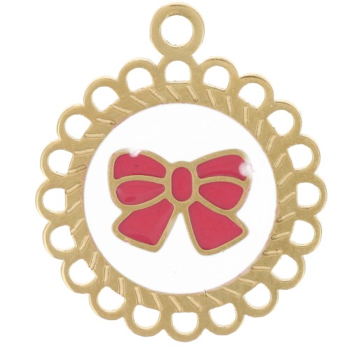 15mm 304L stainless steel round charm - bow pattern - Epoxy resin - Gold x1